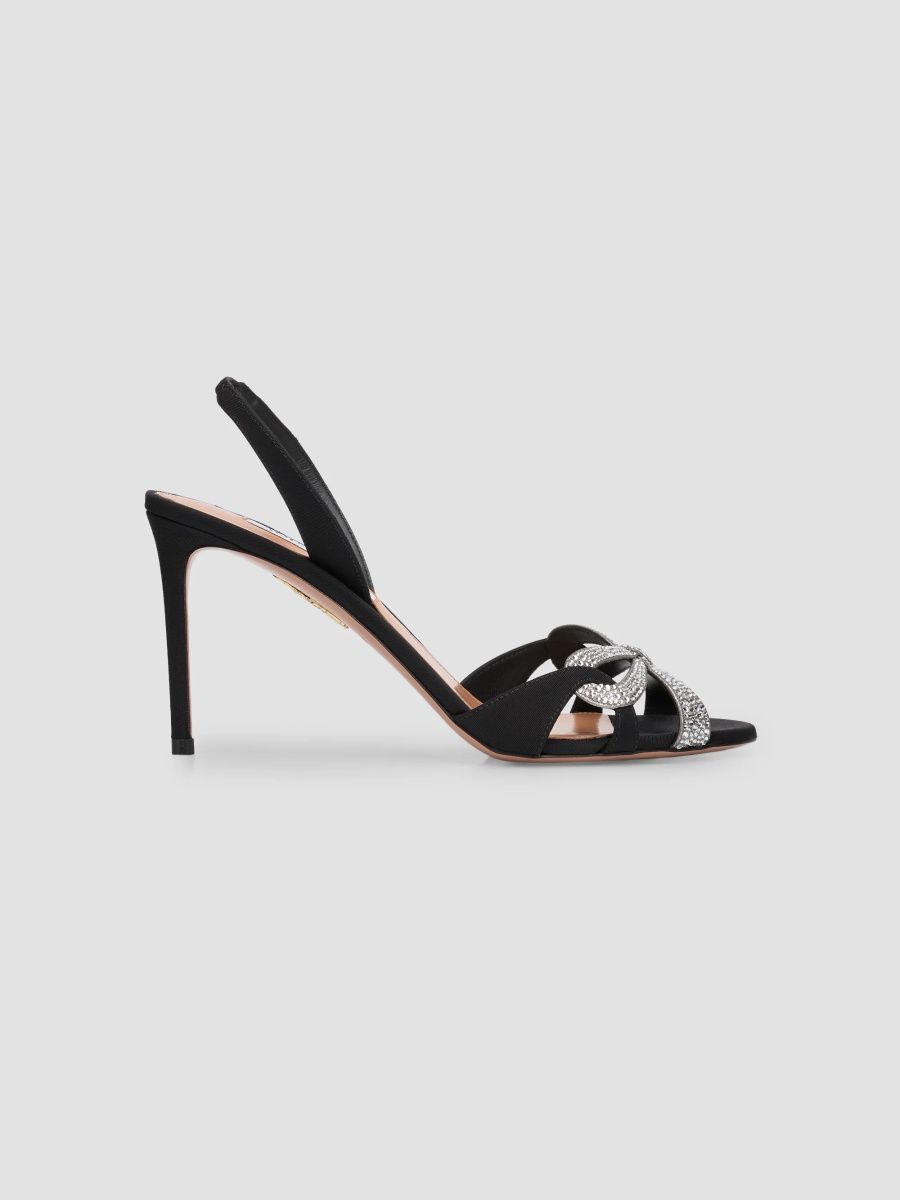 Aquazzura Women's Ribbon Kiss 85MM Crystal-Embellished Slingback Sandals - Black - Size 8.5