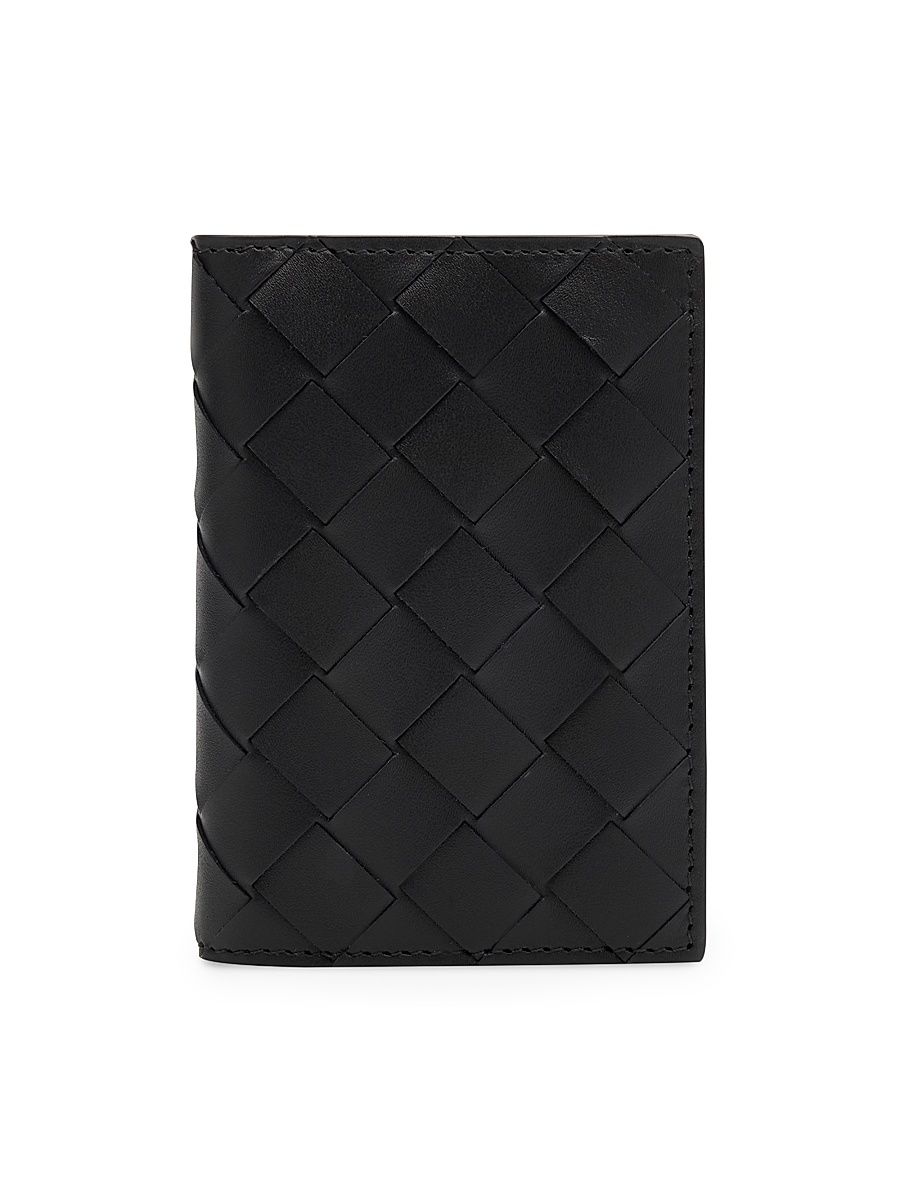 Men's Intreciatto Leather Flap Card Case - Black