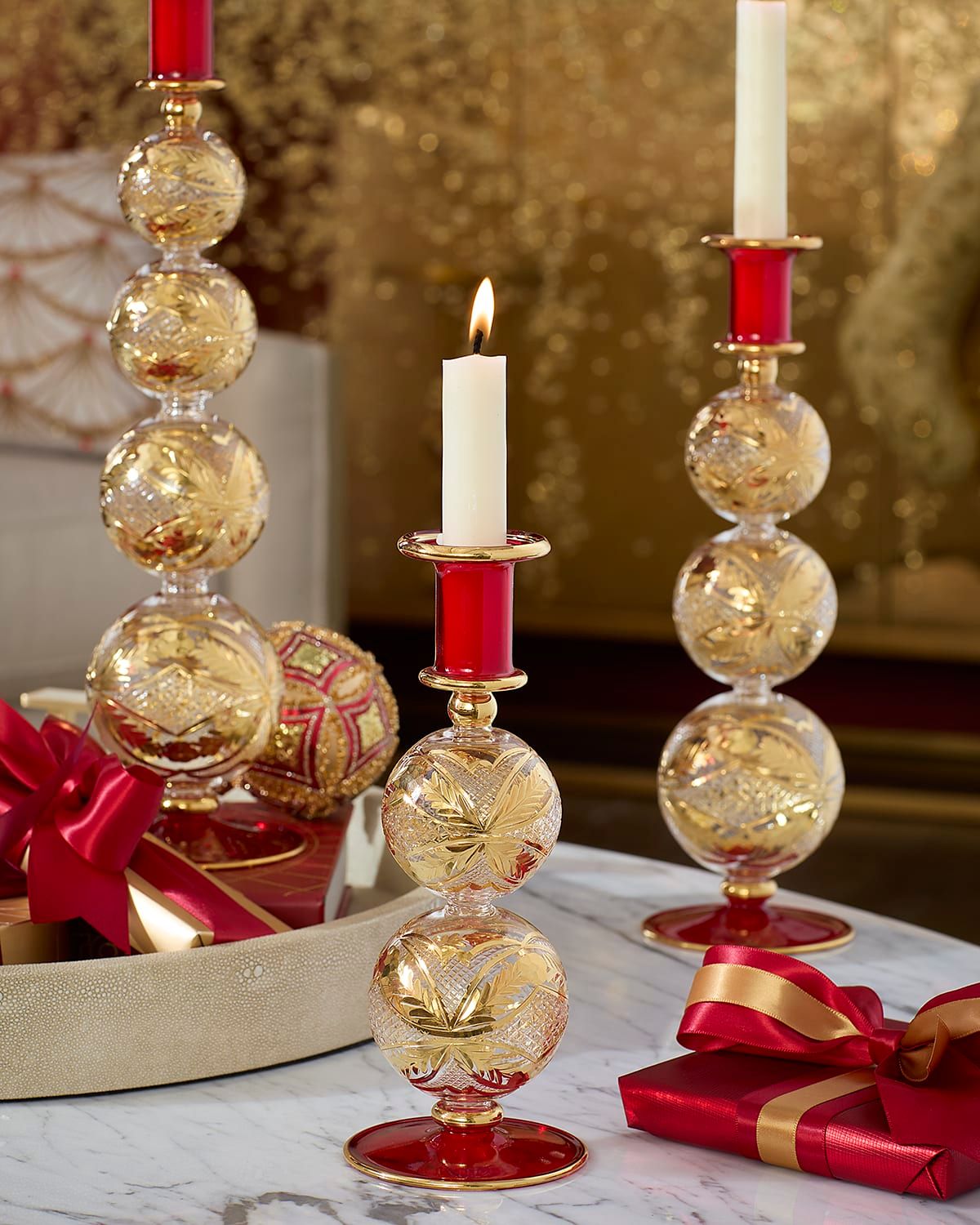 8.8" Red and Gold-Tone Candle Holder