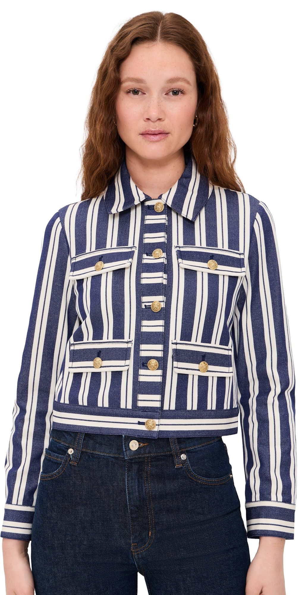ALICE + OLIVIA Alex Collared Boxy Jacket METRO STRIPE TWILIGHT BLUE XS