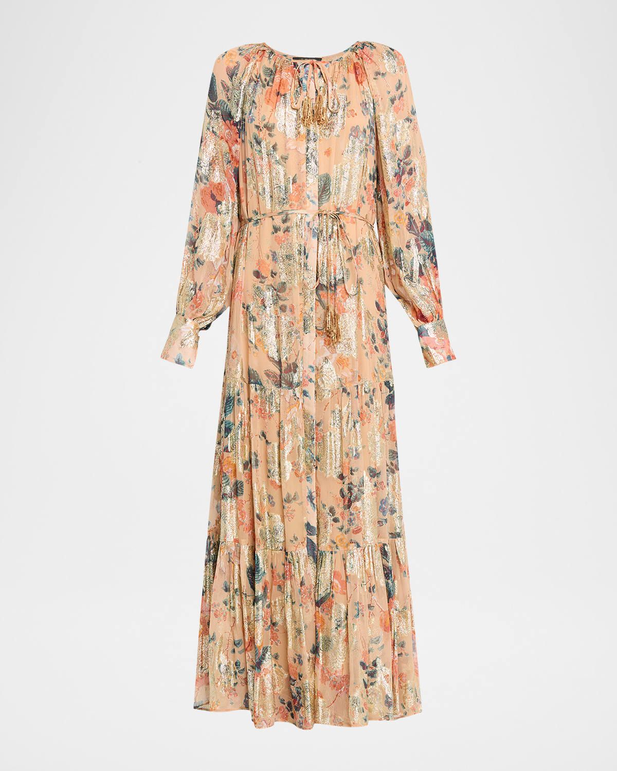 Xandra Tiered Metallic Floral-Print Maxi Dress