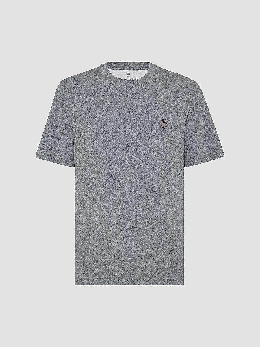 Brunello Cucinelli Men's Cotton Jersey Crewneck T-Shirt with Logo - Medium Grey - Size XXXXL