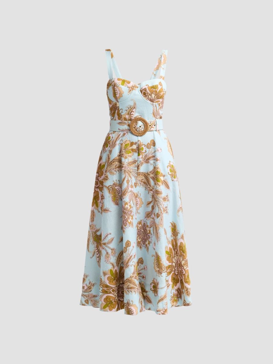 Cara Cara Women's Calyspo Floral Linen Belted Midi Dress - Nova Sky - Size 00