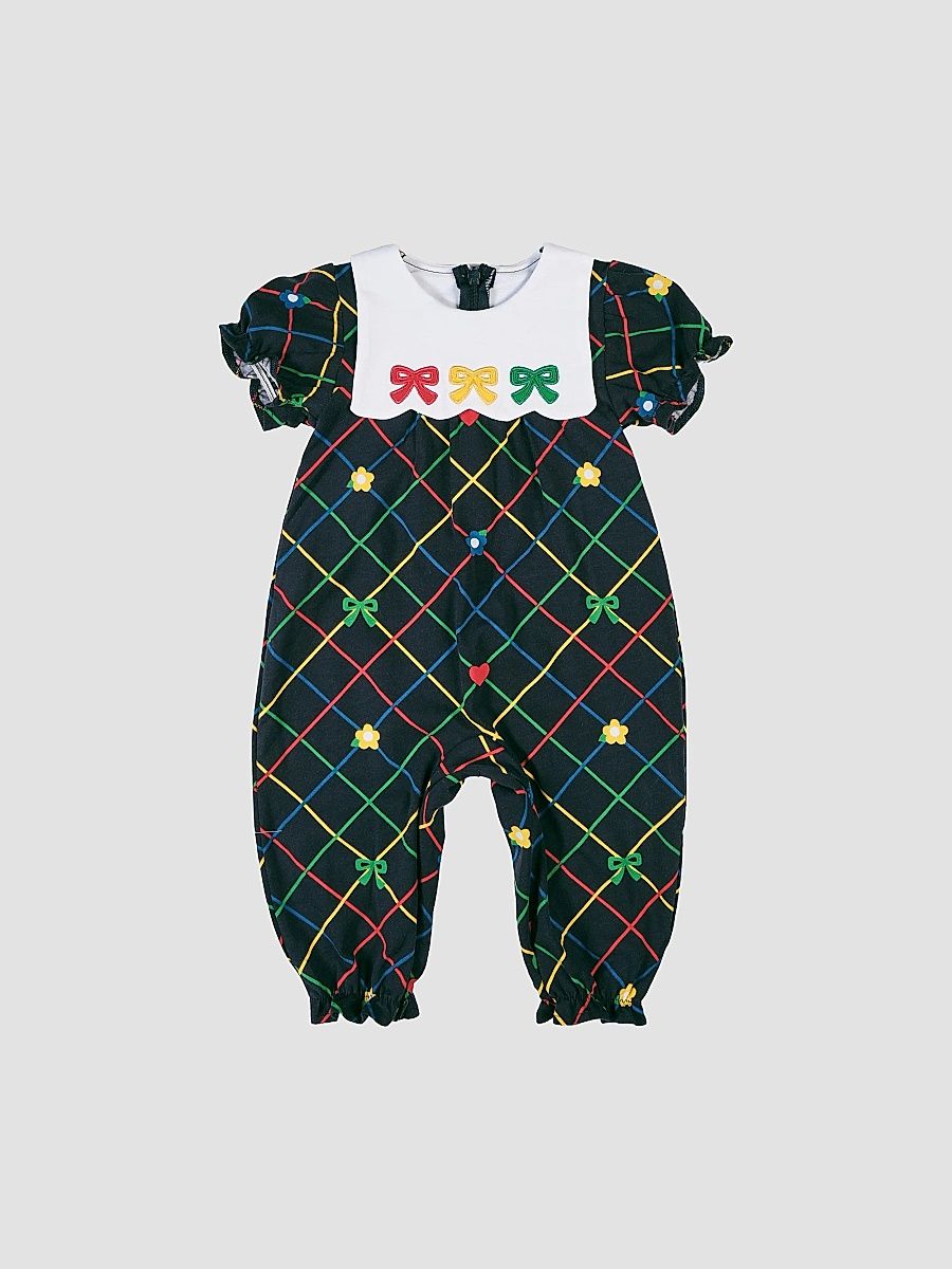 Baby Girl's Ribbon Plaid Bubble Coveralls - Navy Multi - Size 24 Months