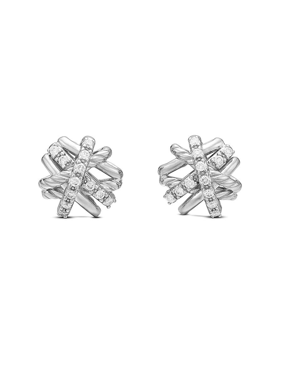 Women's Crossover Stud Earrings in Sterling Silver with Diamonds, 11mm - Diamond