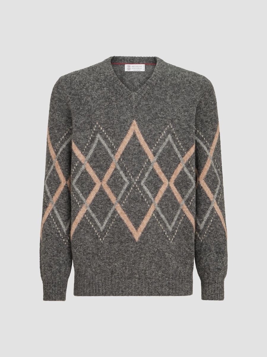 Brunello Cucinelli Men's Alpaca, Cashmere and Wool with Argyle Intarsia Sweater - Dark Grey - Size 34