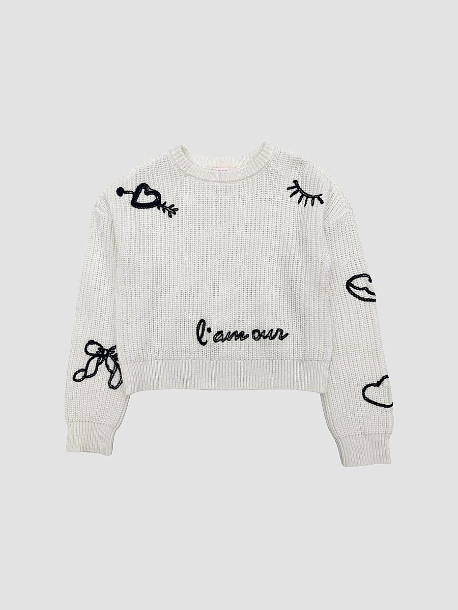 Girl's Crewneck Embroidered Sweater - Winter White - Size 14