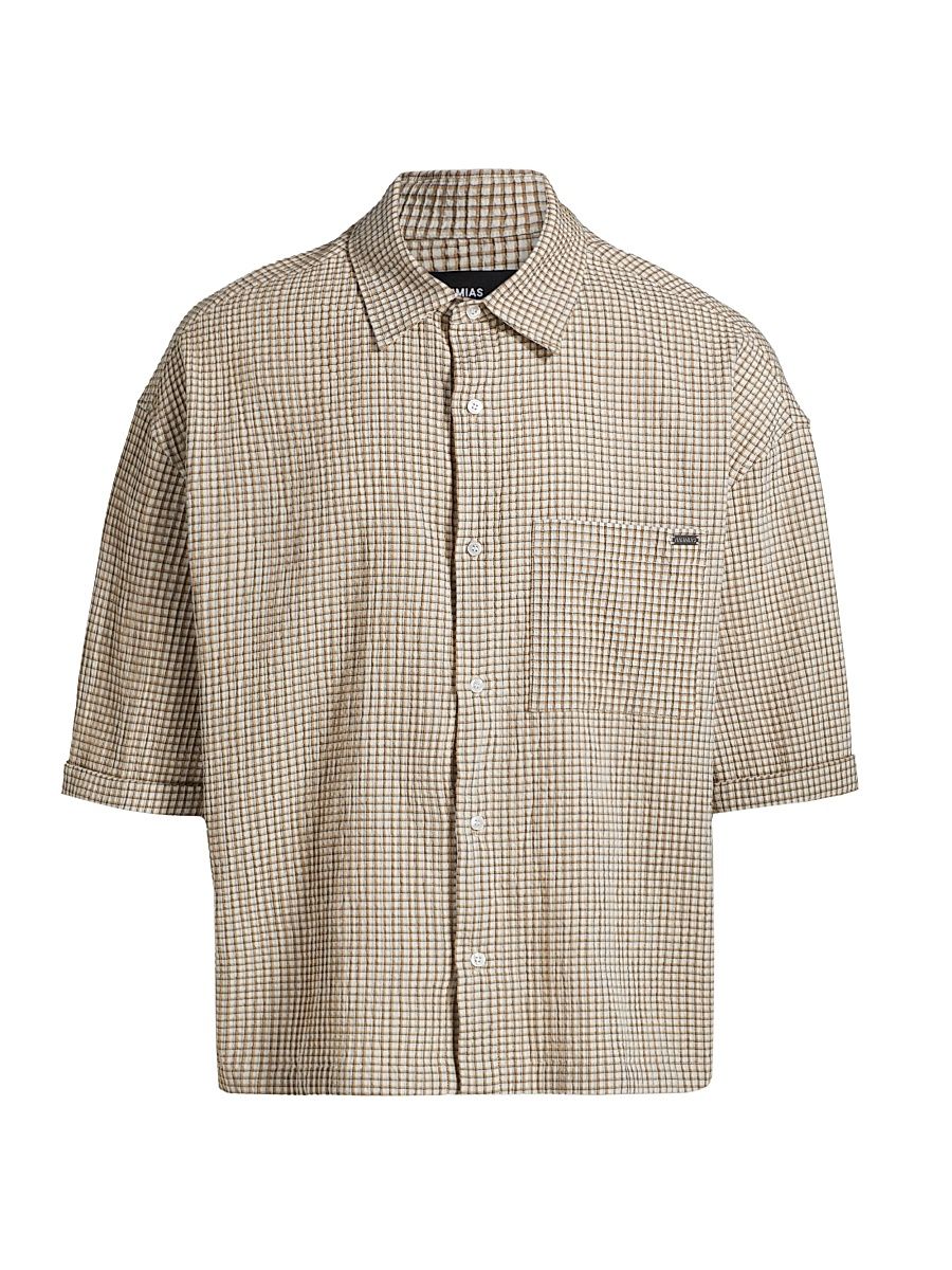 Men's Plaid Cropped Shirt - Sand - Size Large