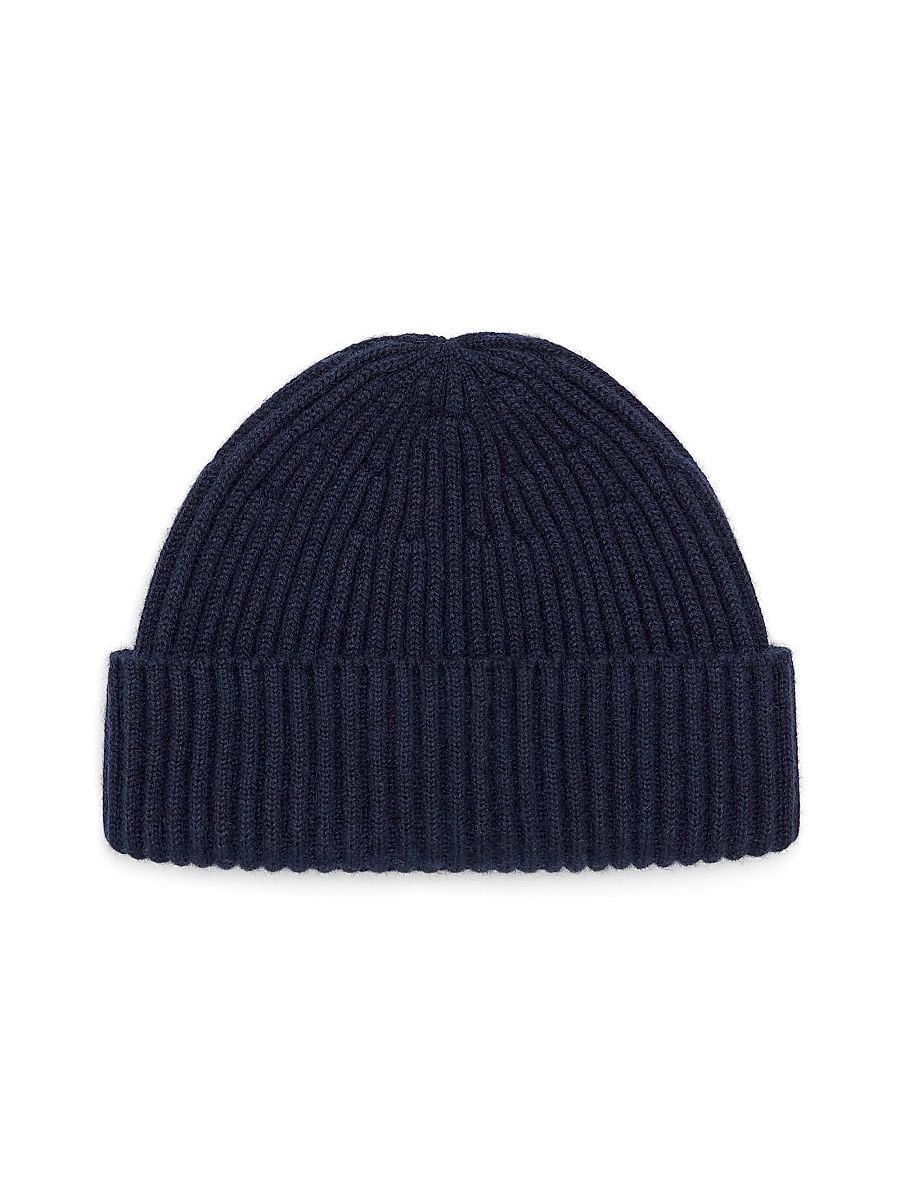 Men's Cashmere English Rib Double Knit Beanie - Navy Blue - Size Small