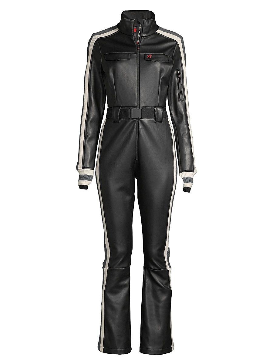 Women's Crystal Belted Stripe Faux Leather Ski Suit - Black - Size XL
