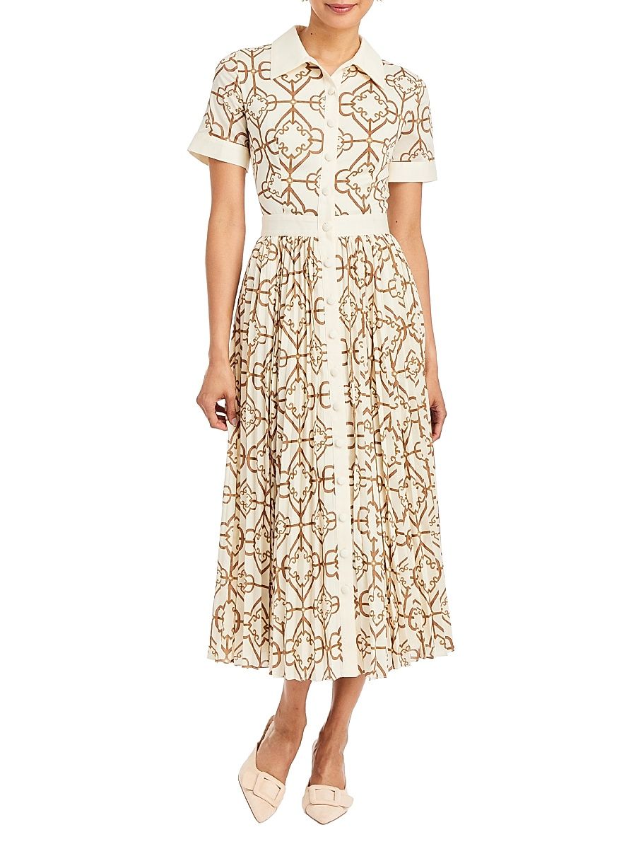 Women's Billie Geometric Twill Button-Front Midi-Shirtdress - Quatrefoil Tile - Size 14
