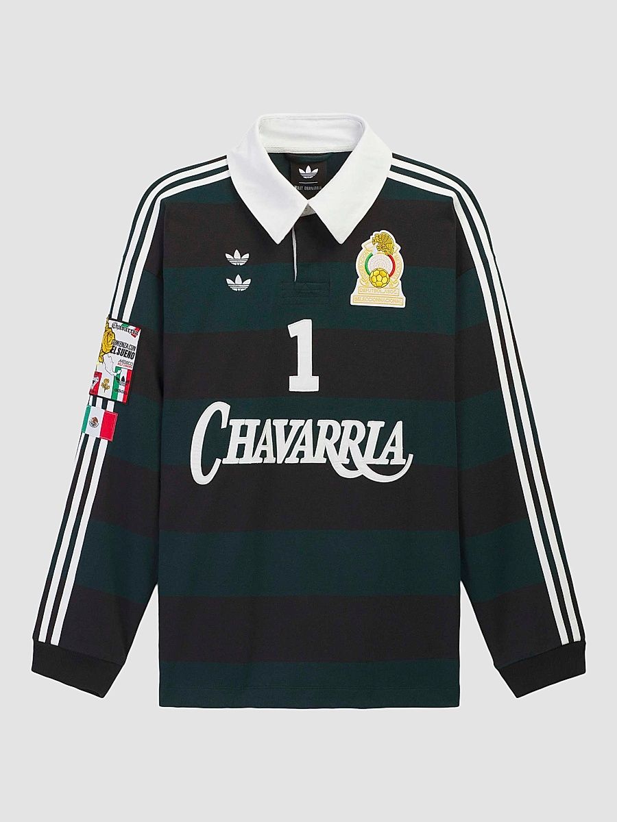 Men's adidas x Willy Chavarria Portero Cotton Long-Sleeve Rugby Polo Shirt - Black Aurora Ivy - Size Large