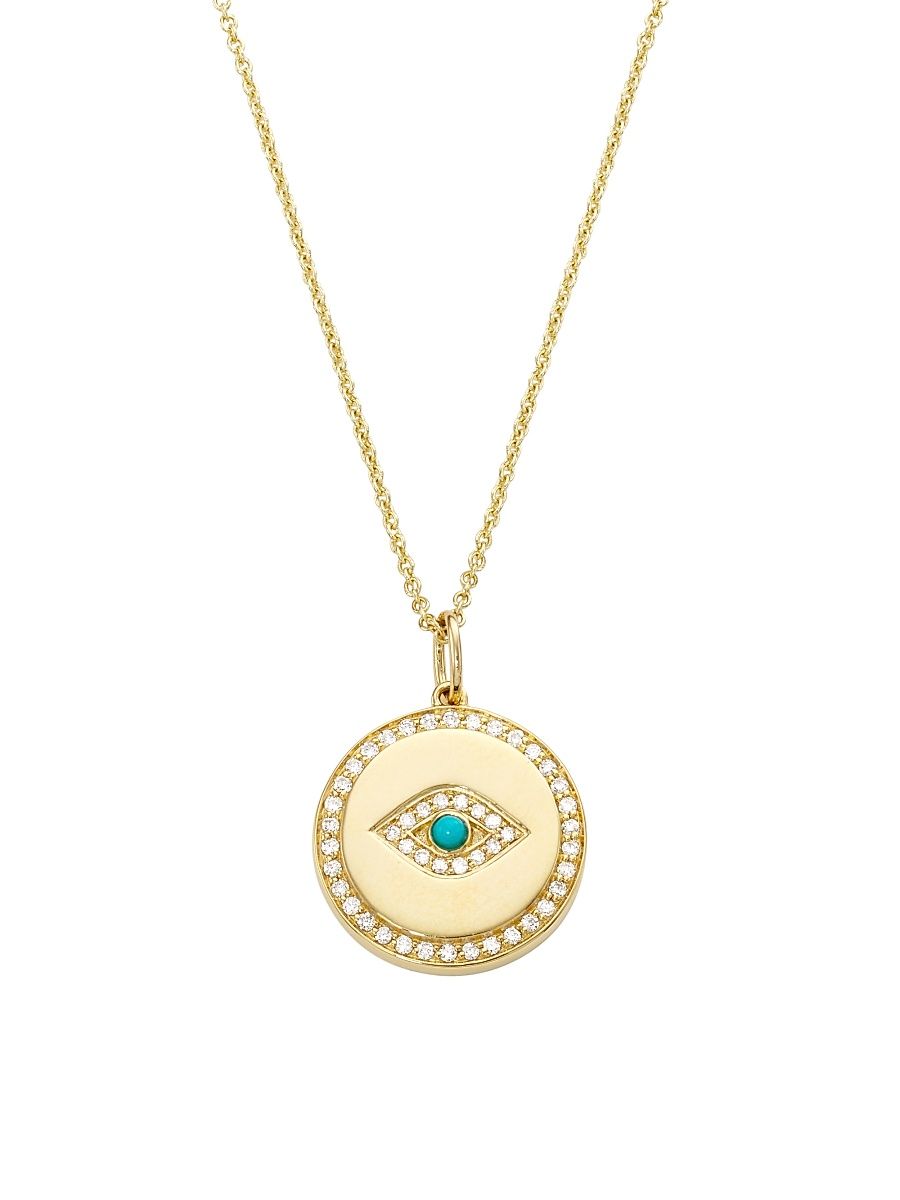 Women's 14K Yellow Gold, Diamond, & Turquoise Evil-Eye Medallion Necklace