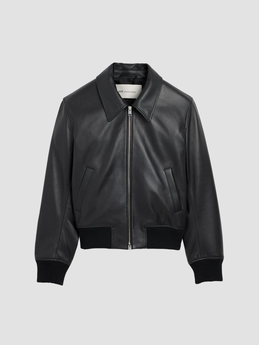 AMI Paris Men's Zip-Front Leather Jacket - Noir - Size XL