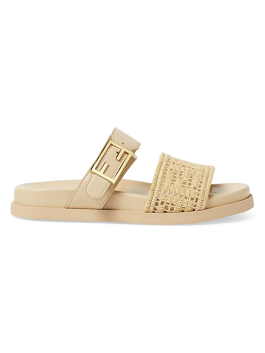 Women's Fendi Feel Woven Double Strap Slides - Beige - Size 10.5 Sandals