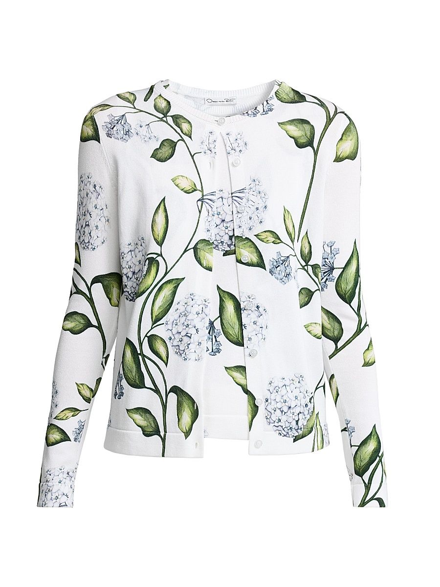 Women's Porcelain Flowers Printed Wool Sweater Set - Denim White - Size XL