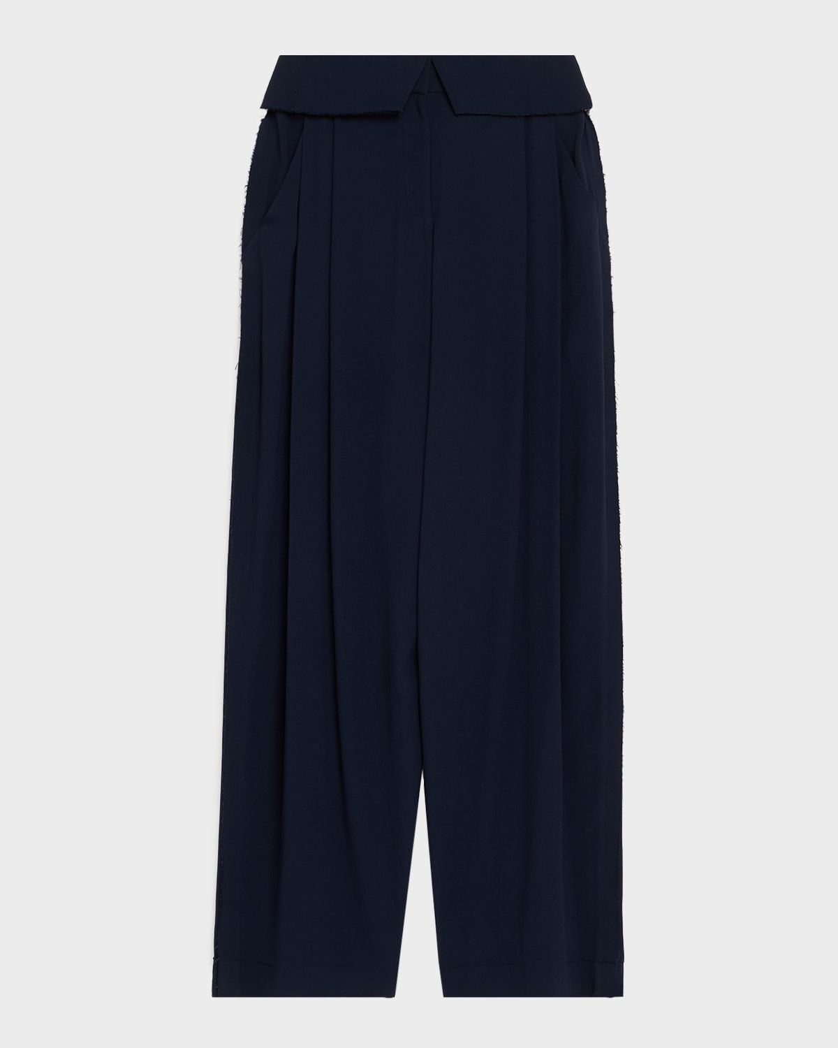 Foldover-Waist Pleated Wide-Leg Pants