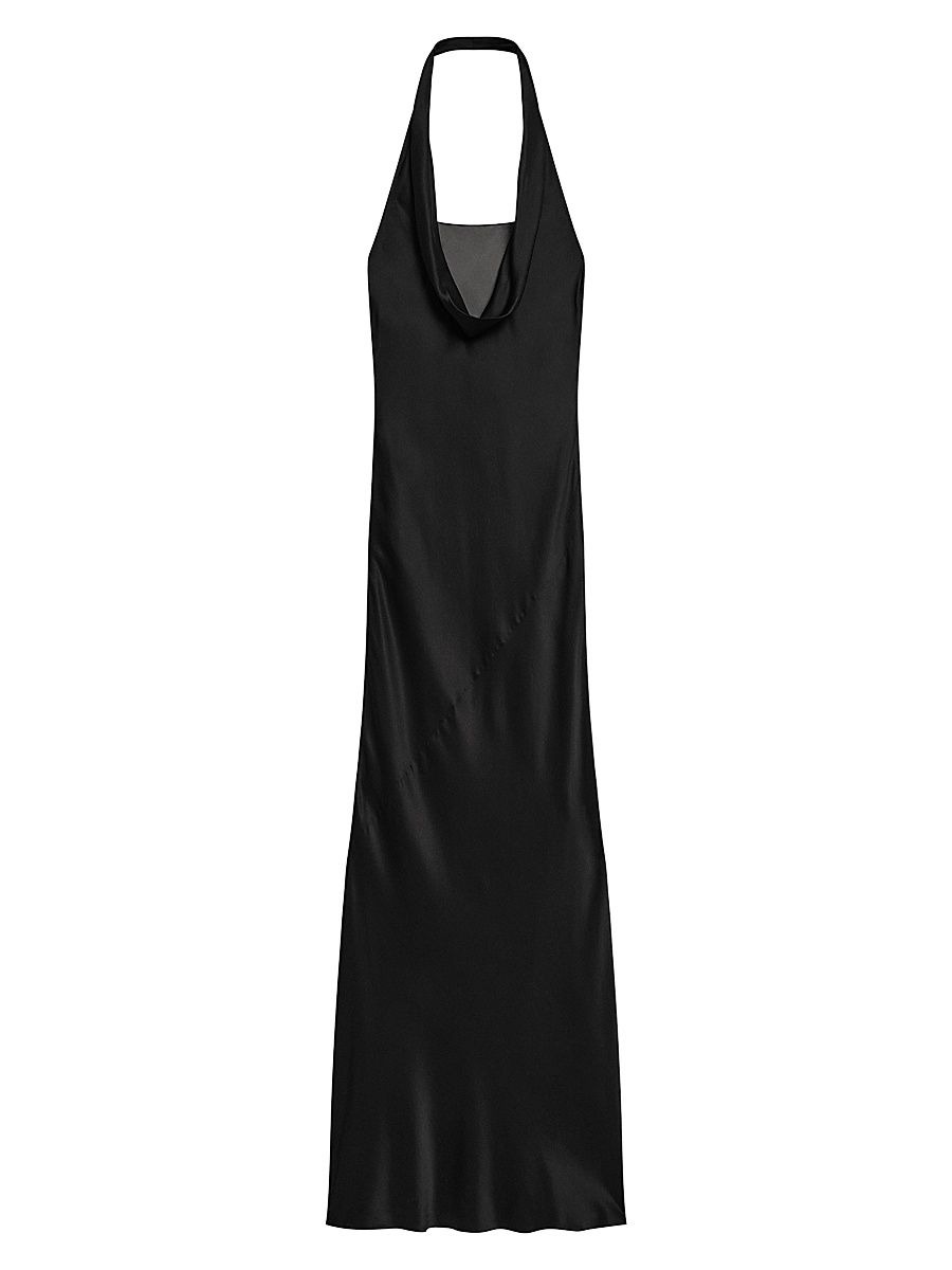 Women's U-Neck Silk Satin Maxi Dress - Black - Size XL