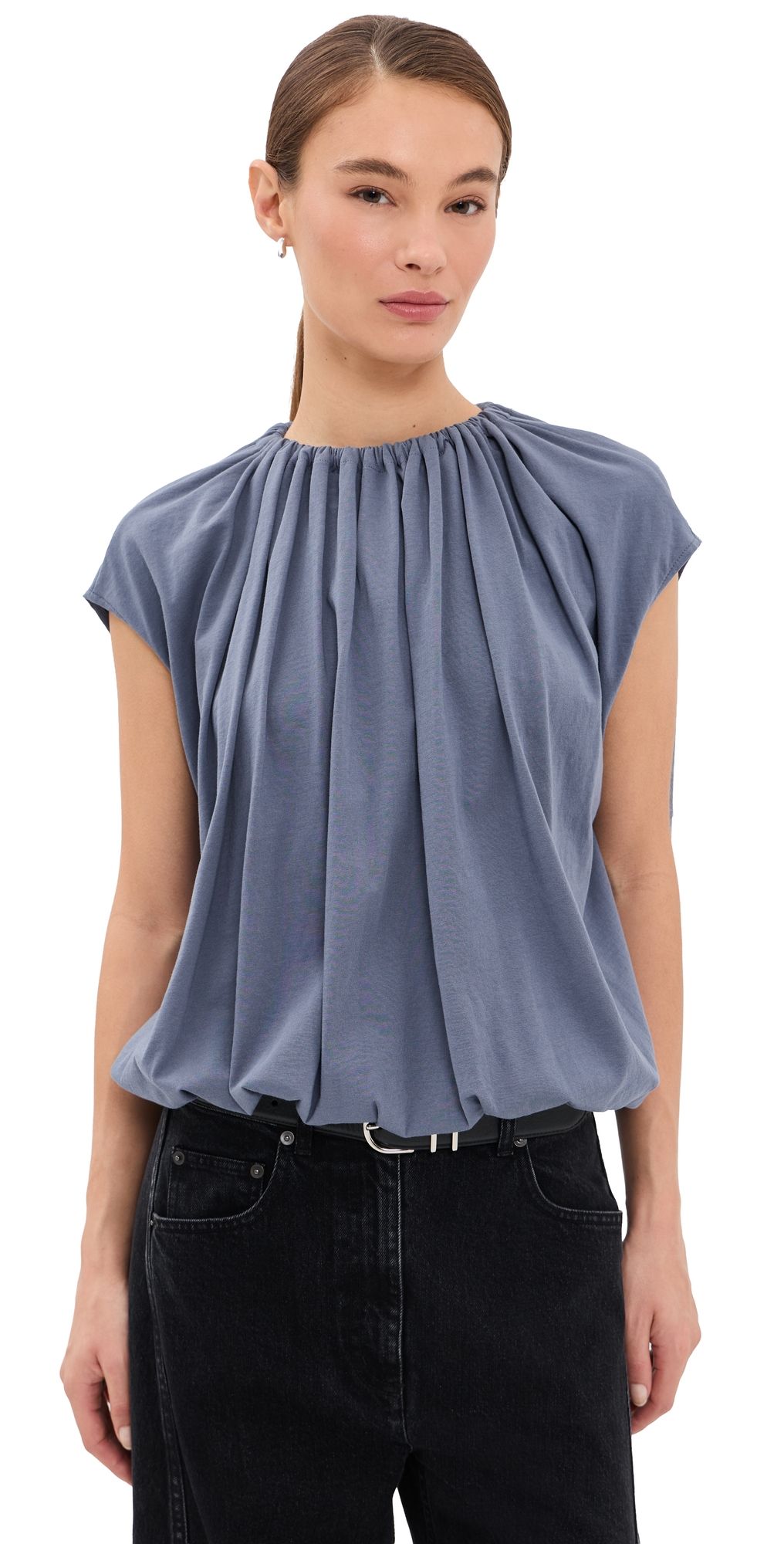 Tibi Shirred Neck Circle Top Dusty Navy S