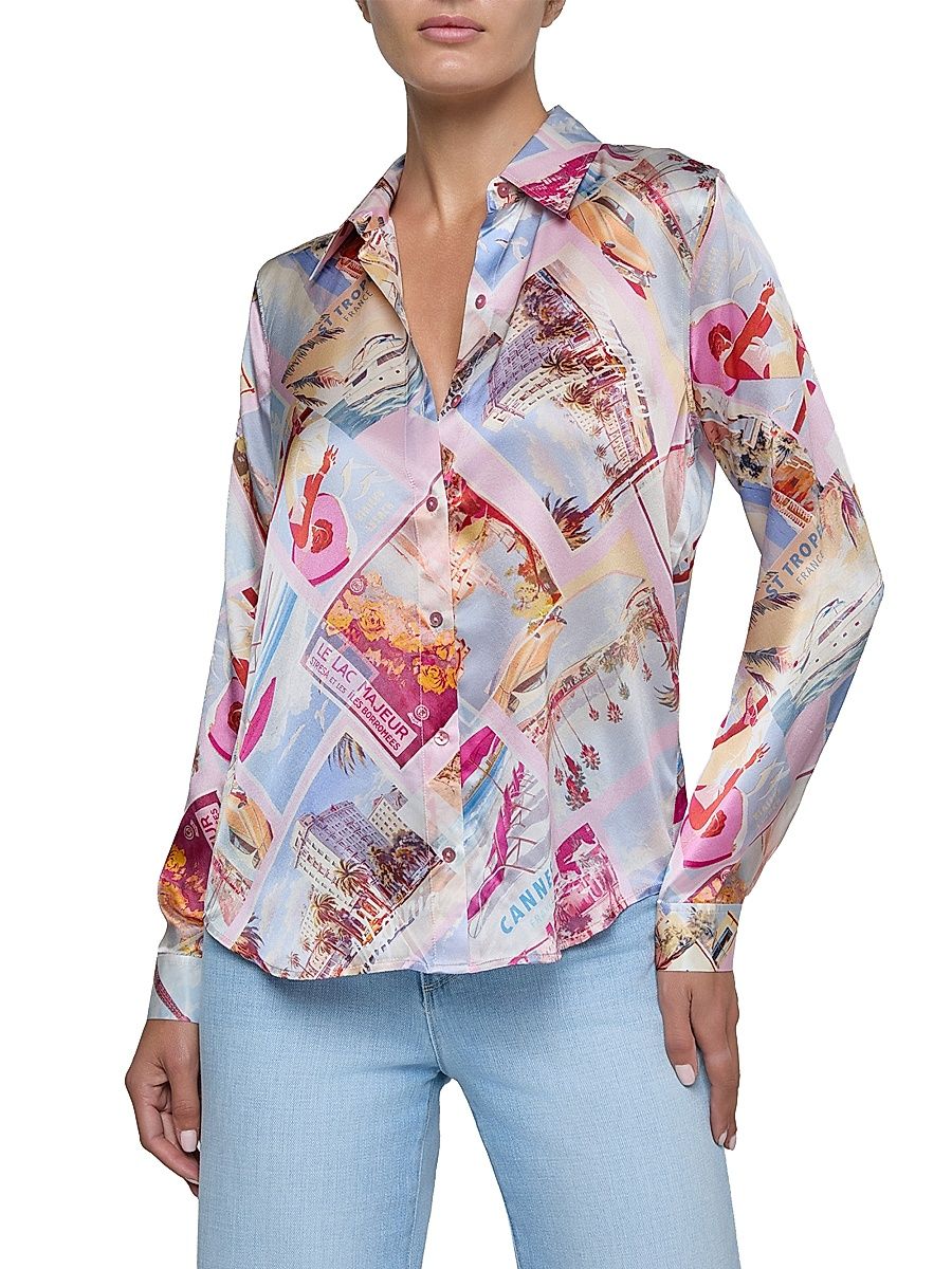 Women's Tyler Postcard-Print Silk Blouse - Light Pink Postcard Print - Size XL