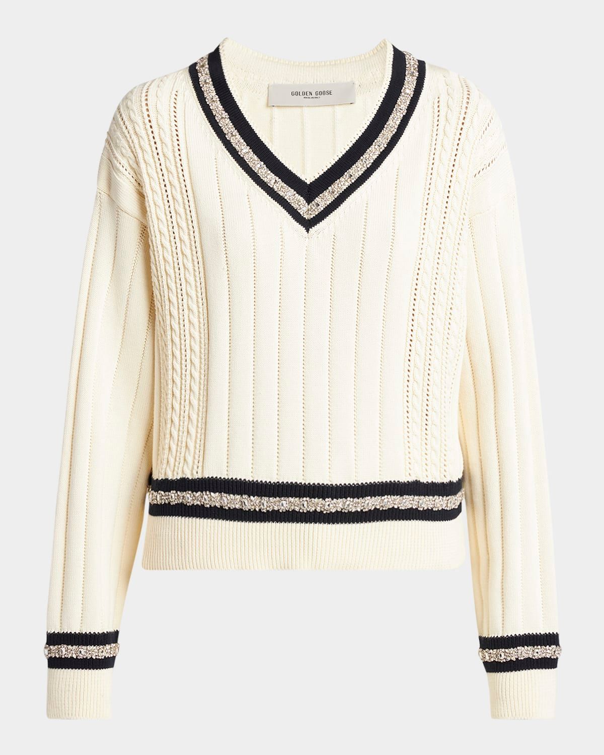 Golden Embellished V-Neck Varsity Sweater