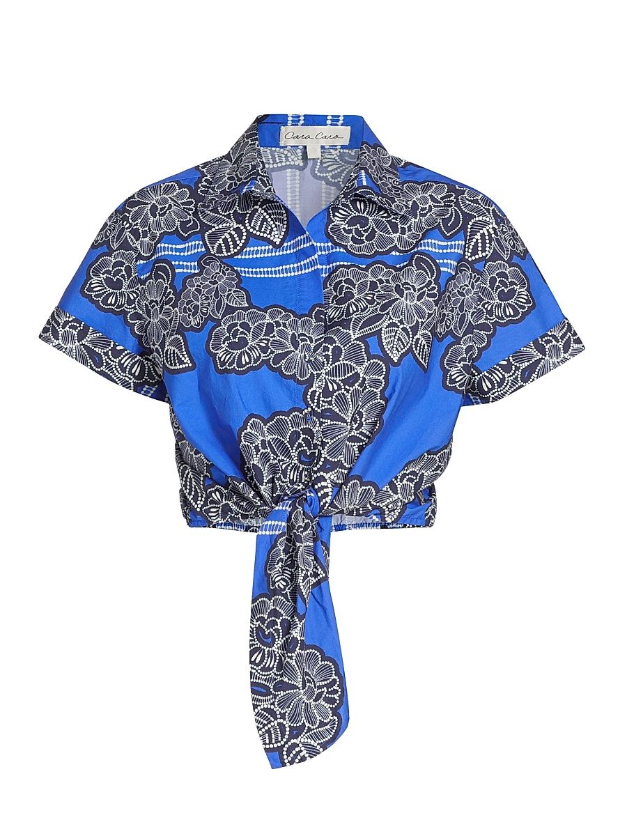 Women's Asbury Floral Cotton Poplin Crop Shirt - Carved Petals Cobalt - Size XL