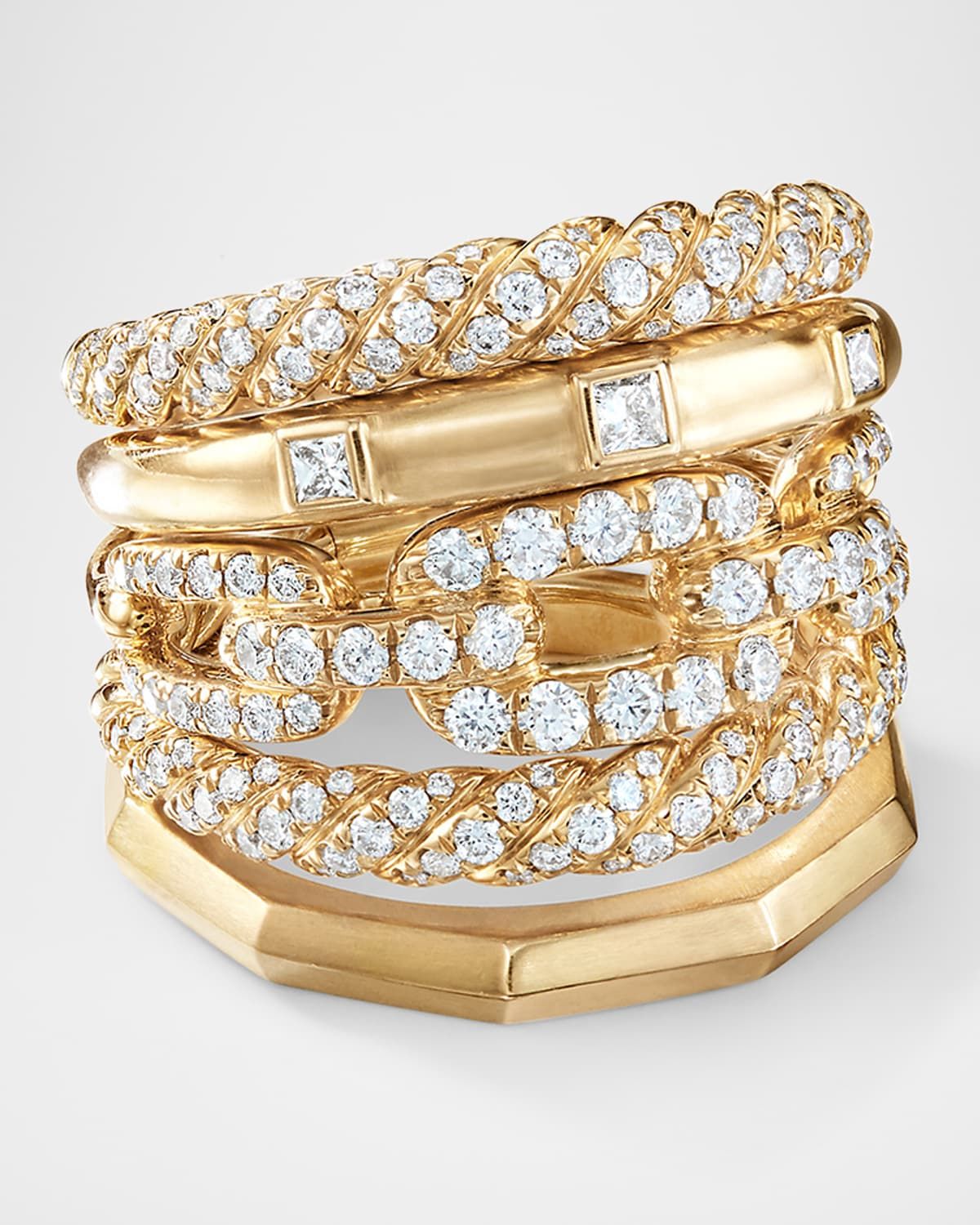 Stax Five Row Ring in 18K Yellow Gold with Diamonds, 21mm