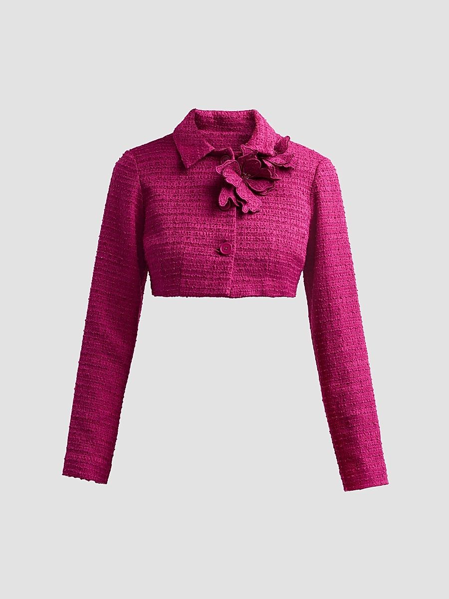 Women's 3D Flower Appliqué Bouclé Cropped Jacket - Berry - Size 12
