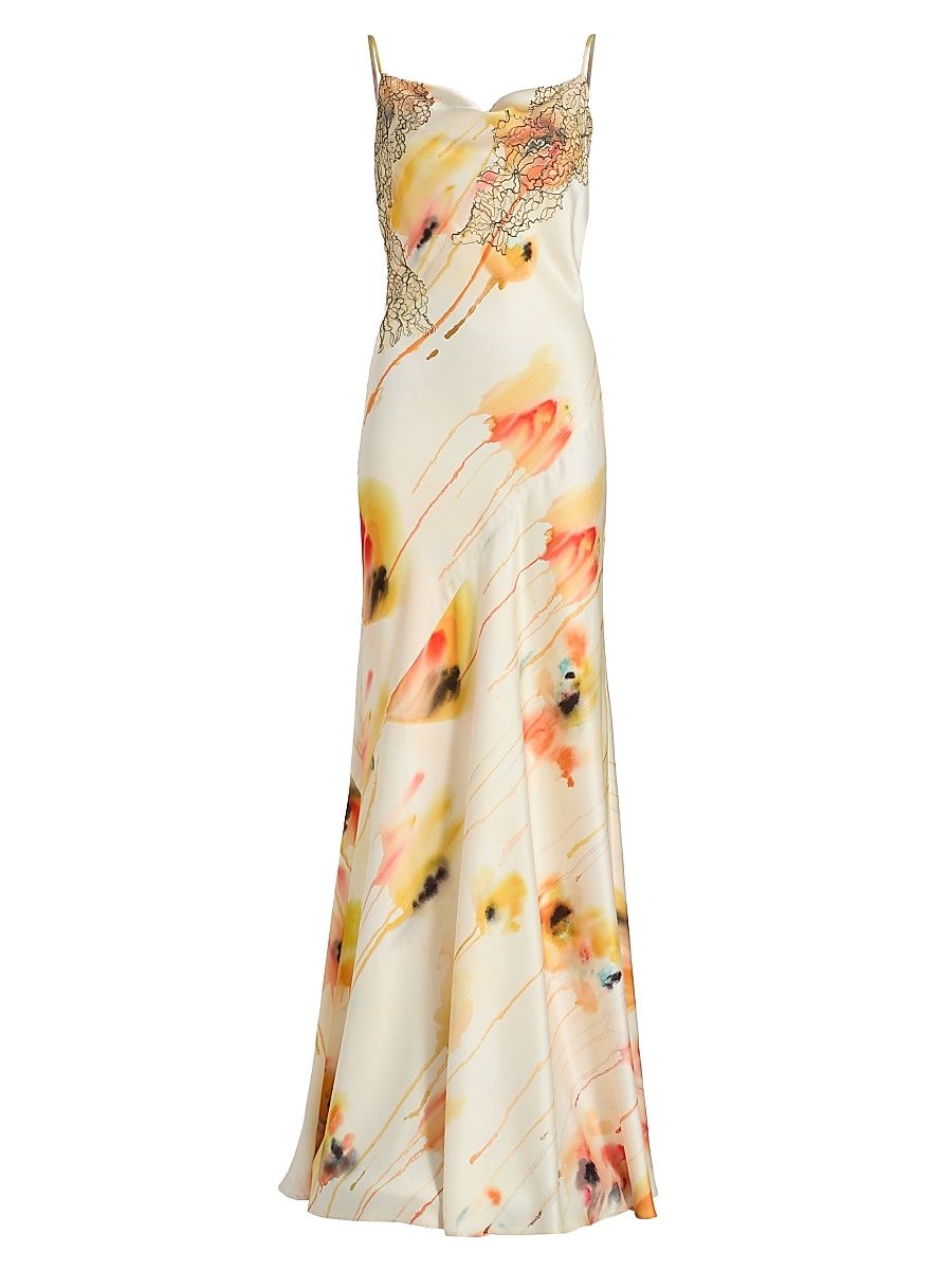 Women's Watercolor Floral Lace-Trim Slip Gown - Limoncello Multi - Size 14