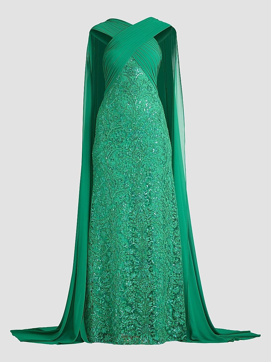 Women's Sequin-Embroidered Lace Cape Gown - Ancient Jade - Size 16