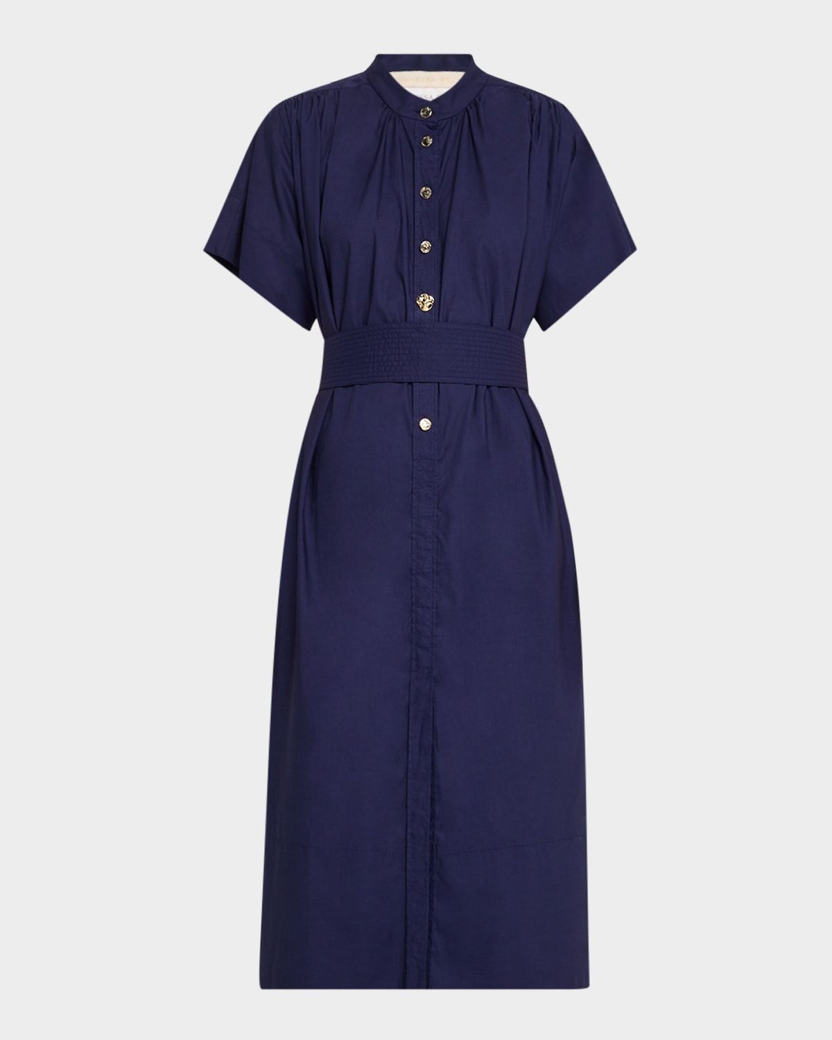 Ezola Ruched Tie-Waist Midi Shirtdress