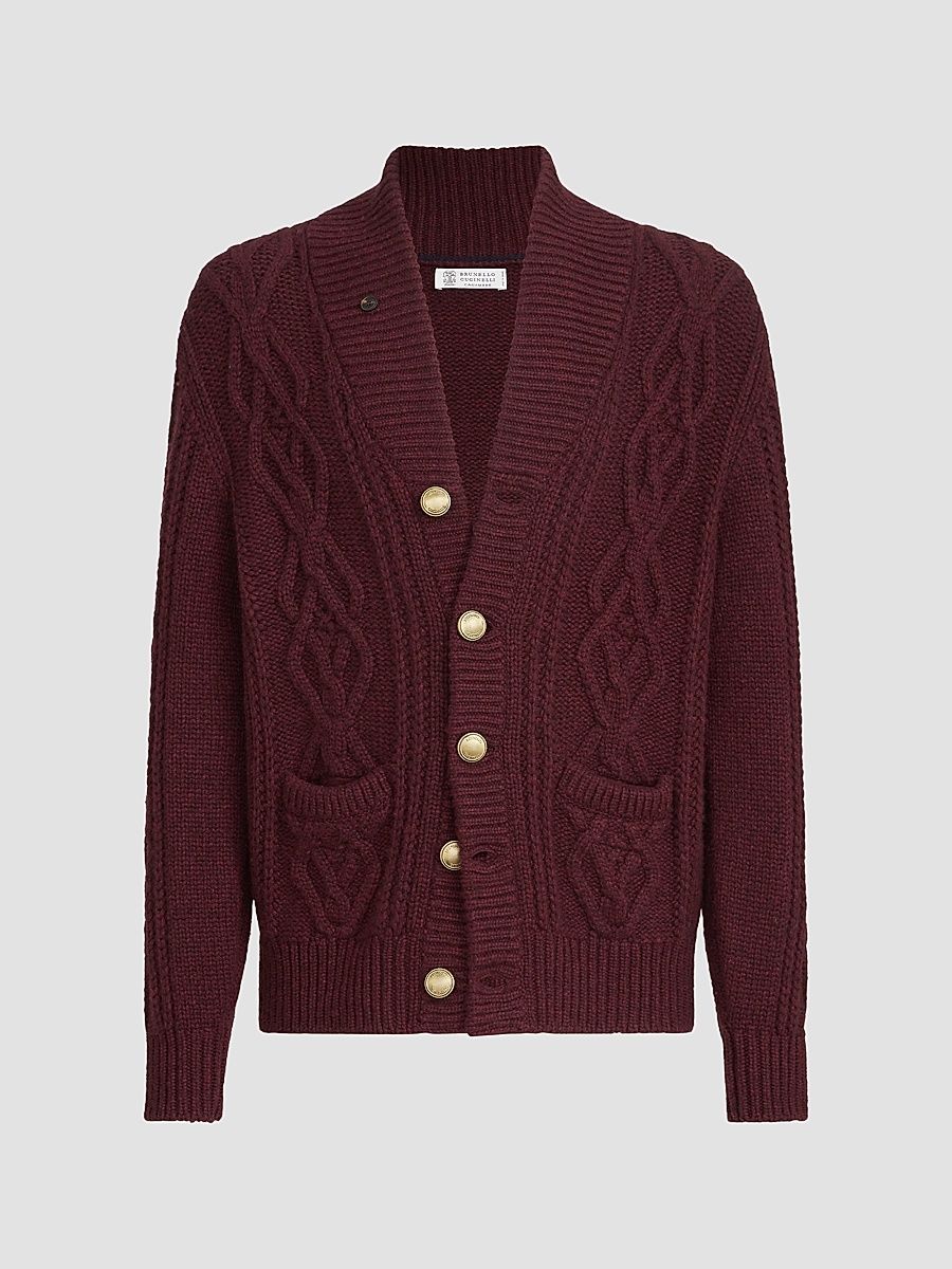 Men's Cashmere Feather Yarn Cable Knit Cardigan - Burgundy - Size 42