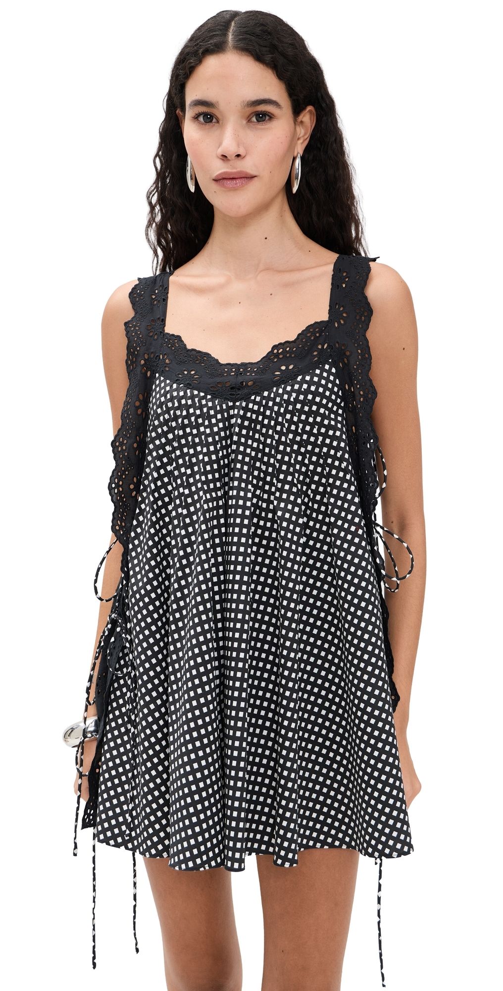 CAROLINE CONSTAS Lucilla Eyelet Trimmed Open Back Mini Dress Black White Gingham M