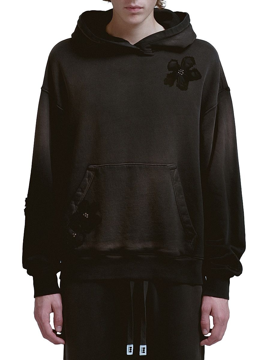 Men's Flower-Patch Cotton Hoodie - Aged Black - Size Medium
