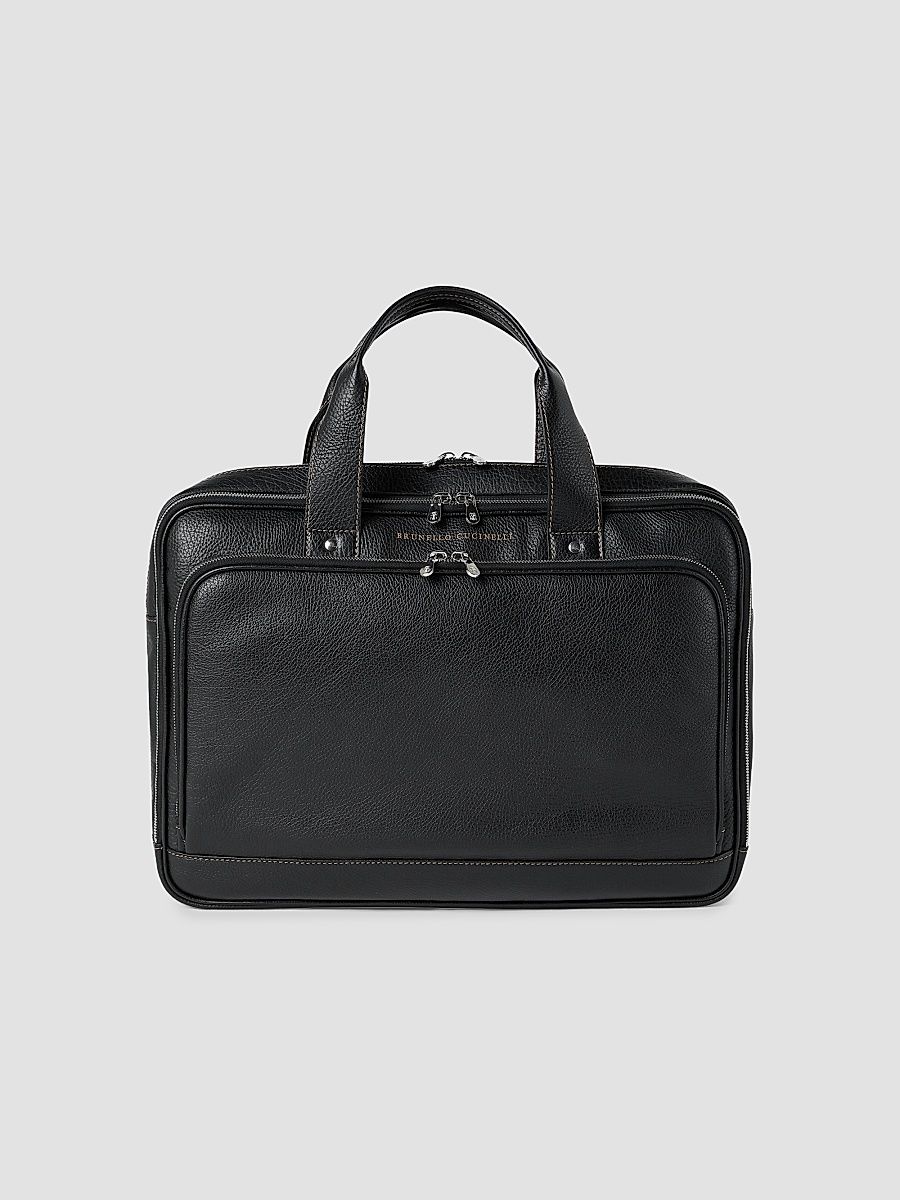 Men's Grained Calfskin Briefcase with Zipper - Black