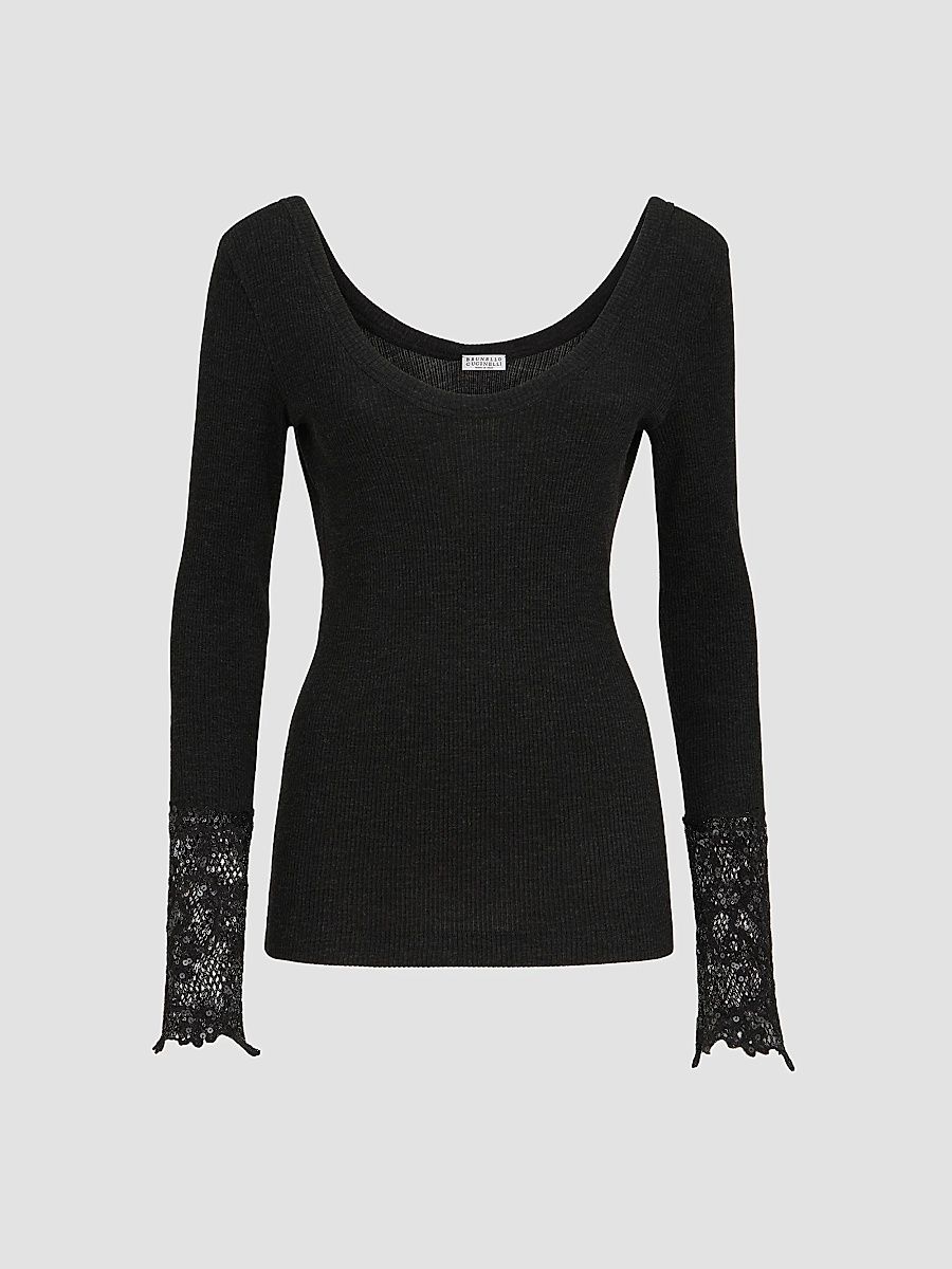 Women's Ribbed Wool Jersey Sweater with Dazzling Lace Embroidery Cuffs - Anthracite - Size Medium