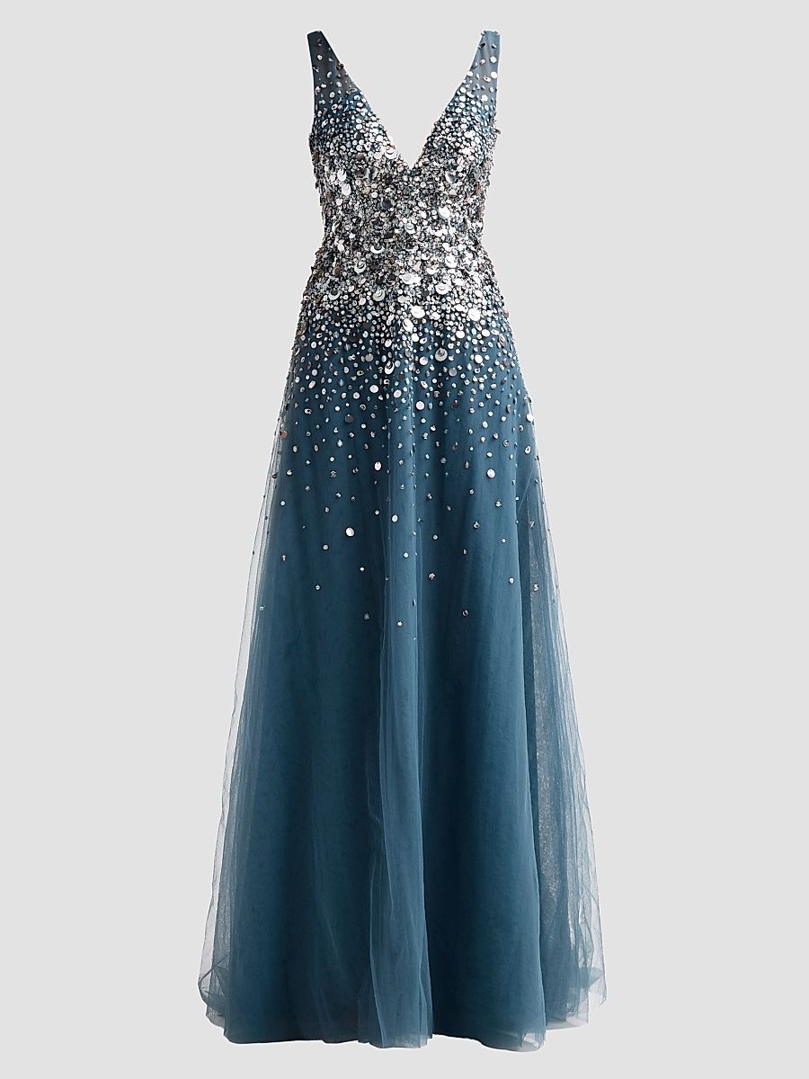 Women's Embellished Tulle V-Neck Gown - Teal Multi - Size 8
