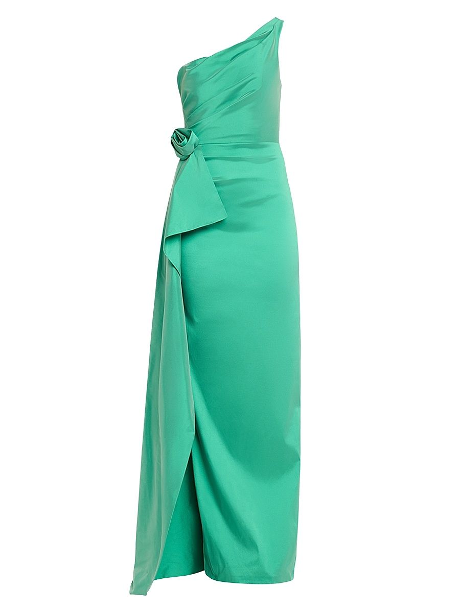 Women's Flower-Corsage One-Shoulder Taffeta Gown - Lime - Size 4