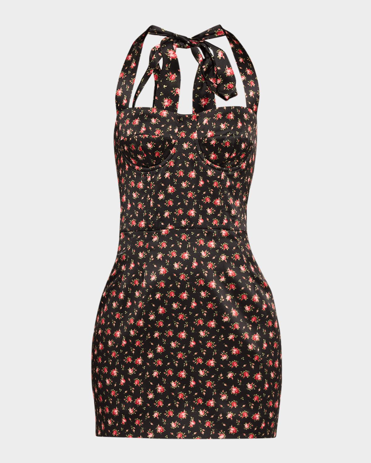Floral-Print Satin Bustier Halter Mini Dress