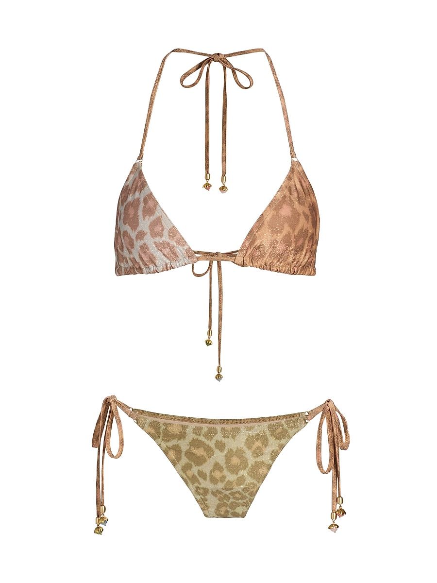Women's Awaken Metallic Leopard-Print Triangle Bikini - Spliced Print - Size 8