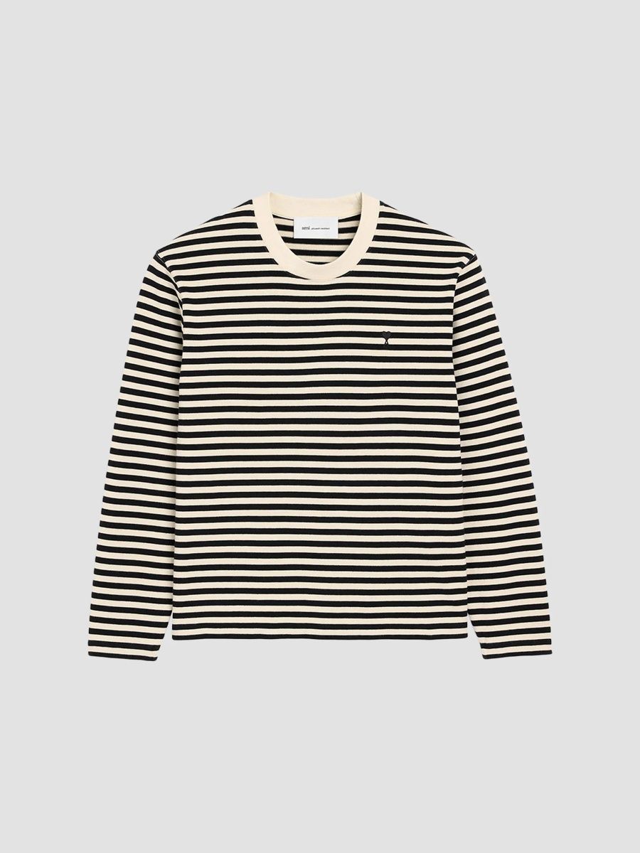 AMI Paris Men's Ami de Coeur Embroidery Crewneck T-Shirt - Noir Ivoire - Size XS