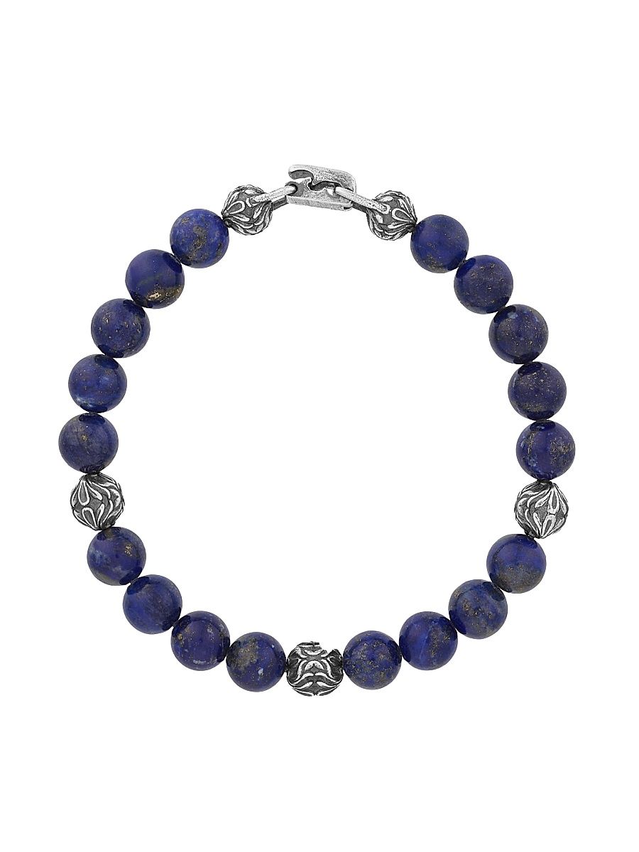 Men's Gothic Sterling Silver & Lapis Lazuli Beaded Bracelet - Grey