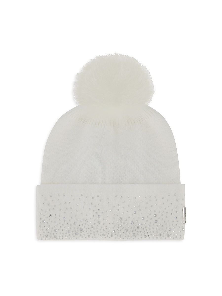 Women's Embellished Beanie with Toscana Lamb Pompom - Ivory