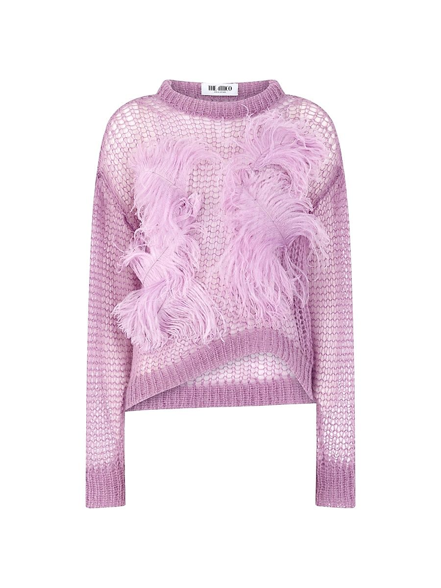 Women's Ostrich Feather-Detailed Mohair-Blend Open-Knit Sweater - Light Mauve - Size 0