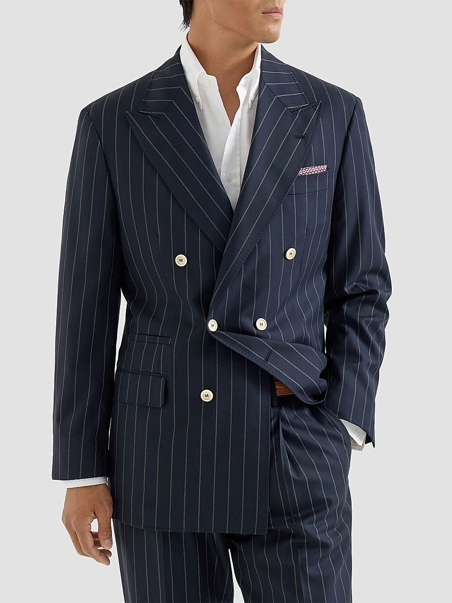 Brunello Cucinelli Men's Virgin Wool Wide Chalk Stripe Batavia One and A Half Breasted Tailor Blazer - Blue - Size 40