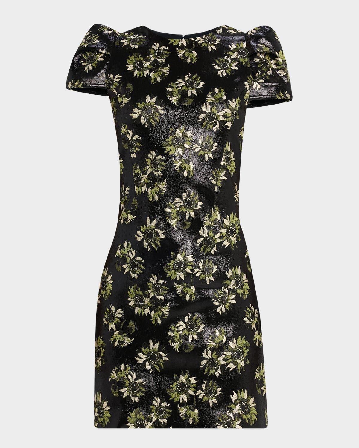 Lacquered Sunflower Jacquard Puff-Sleeve Mini Dress