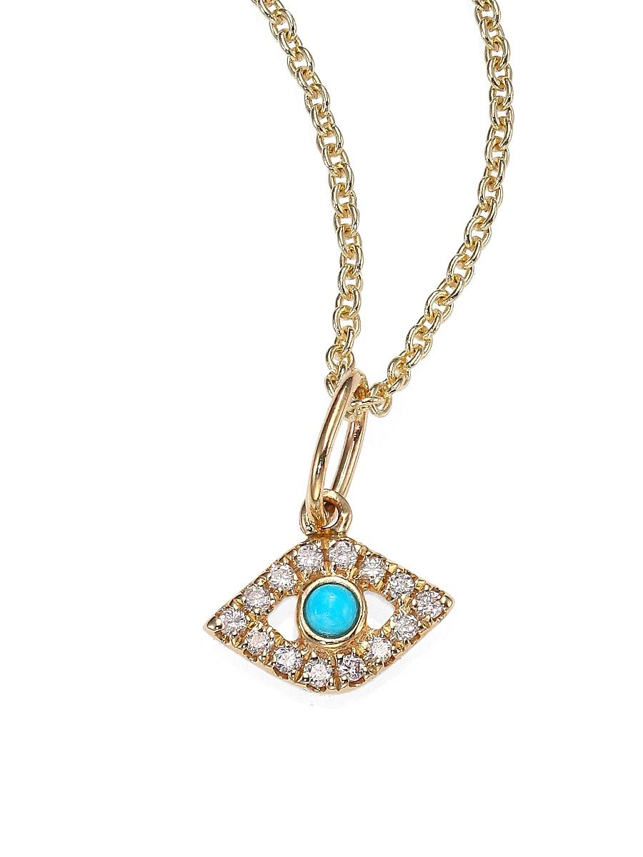 Women's 14K Yellow Gold, Diamond & Turquoise Evil Eye Necklace - Blue Gold