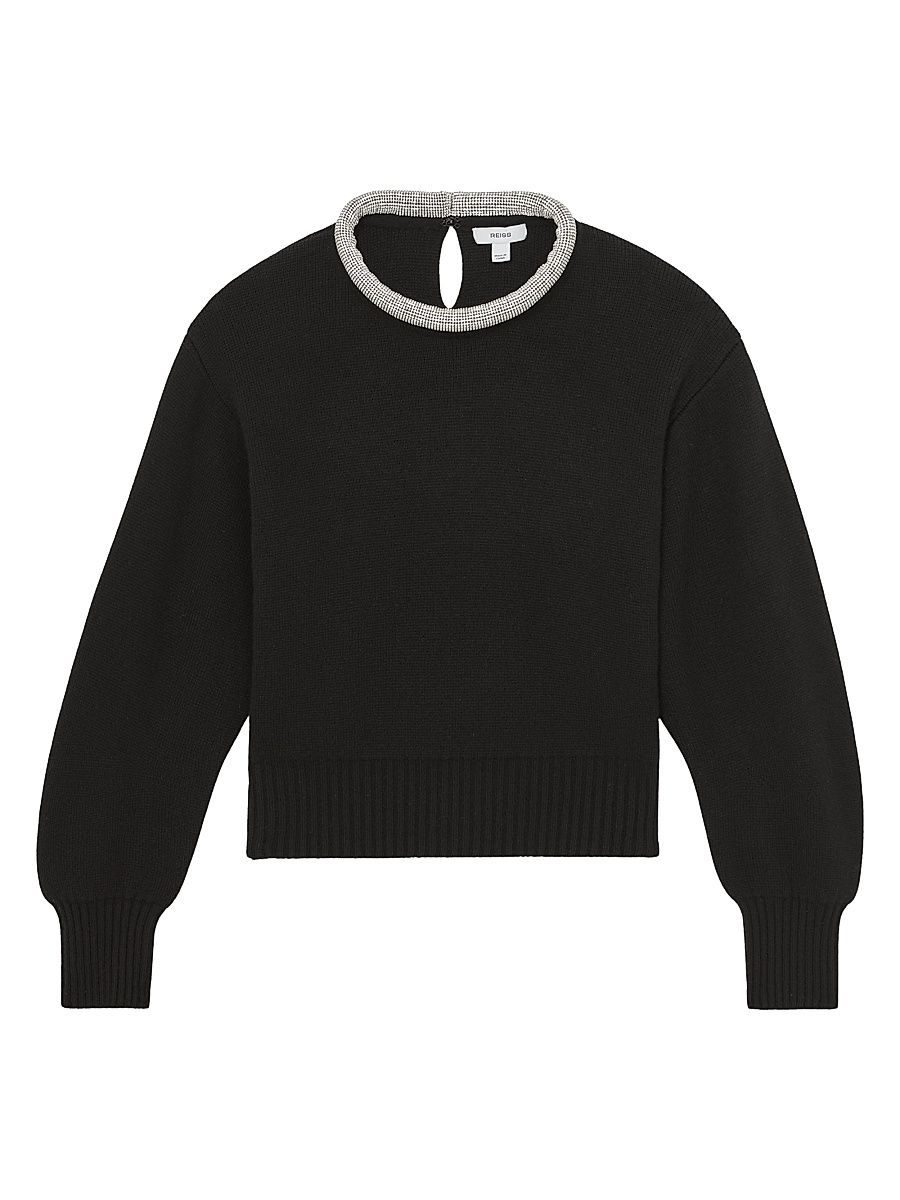 Women's Crissie Embellished Necklace-Trim Knit Sweater - Black - Size XL