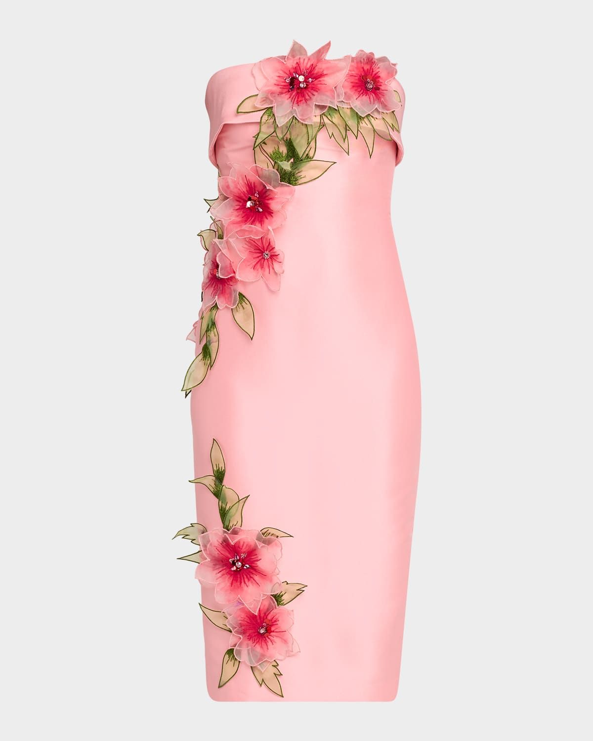 Strapless Floral Applique Satin Midi Dress