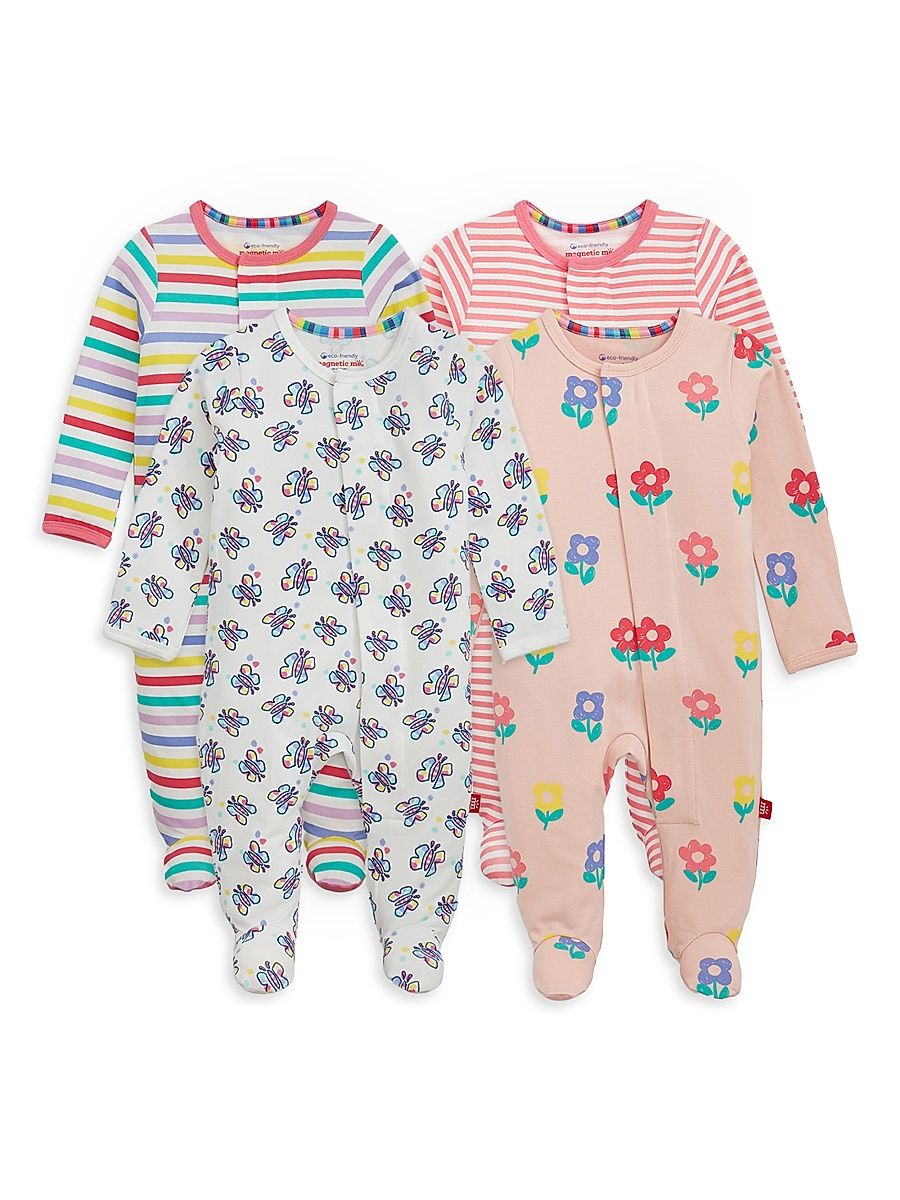 Baby Girl's 4-Pack CloudStretch Printed Magnetic Footie Set - Pink Multi - Size 9 Months